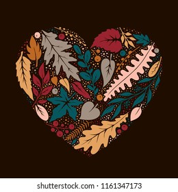 Heart made of silhouettes of autumn leaves and berries.Vector illustration