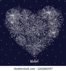 Heart made of snowflakes. Vector holiday card. Silver winter motif.