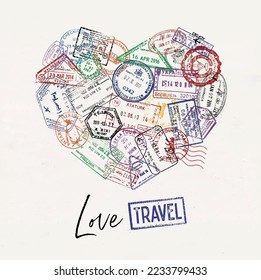 Heart made from stamps different countries with lettering love travel