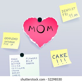 heart made of torn paper with message for mom surrounded by sticky notes, MotherÂ´s Day vector illustration