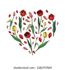 Corazón hecho de tulipanes y pétalos tulipanos. Plantilla con elementos florales románticos para el diseño de primavera de temporada