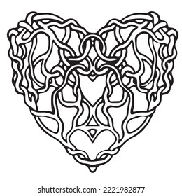 Heart made of twirled branches. Isolated vector drawing in death metal style.