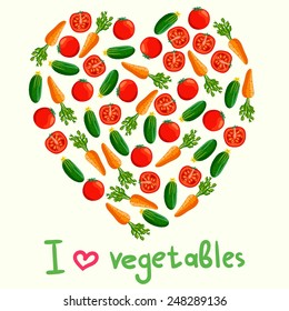 Heart made of vegetables. Red sliced tomato, green cucumber and orange carrot. Inscription "I love vegetables"
