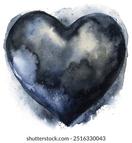 A heart made of watercolor paint with a dark blue color. The heart is surrounded by a cloudy sky, giving the impression of a stormy or melancholic atmosphere
