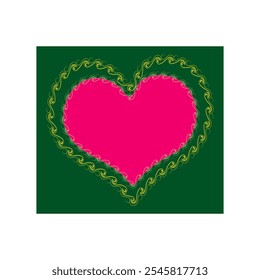 Heart made of wavy lines. Red sign on green square. Symbol linked, join, love, passion, wedding. Template for t shirt, apparel, card, poster, valentine day. Design element. Vector illustration