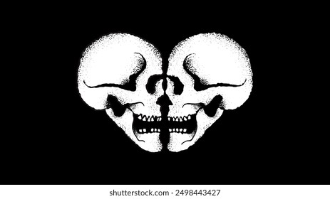 Heart made of white skulls on a black background, pointillism style shadow,