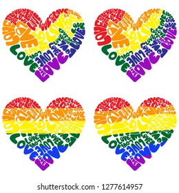 A heart made up of the words LOVE in LGBT community colors isolated on white background