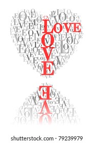 A heart made of words "LOVE" and reflected