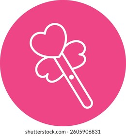 Heart magic wand line icon on pink background