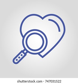 Heart with magnifier isolated flat vector linear icon