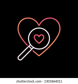 Heart with Magnifier outline colorful icon. Vector Searching A Love concept line symbol on dark background