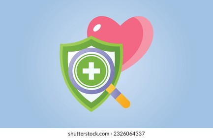 Heart with magnifier and plus icon.cardiogram, pulse beat measure, cardiac assistance, medical aid and health care.Vector Design Illustration.