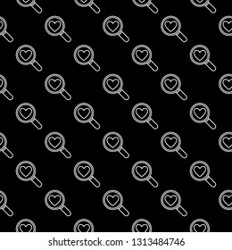Heart in Magnifier vector outline dark seamless pattern. Search Love concept linear background