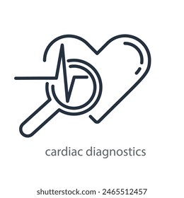 Heart, magnifying glass, and cardiogram are the symbol for cardiac diagnosis. Logo of a cardiology clinic. Vector icon isolated on white background