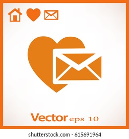 Heart in the mail envelope. Icon.