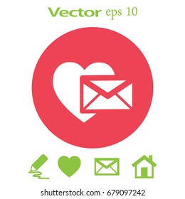 Heart in the mail envelope. Icon.