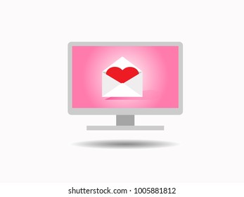 Heart in mail envelope opened on  pink background in floating monitor. The Valentine's Day love electronics message delivered concept.