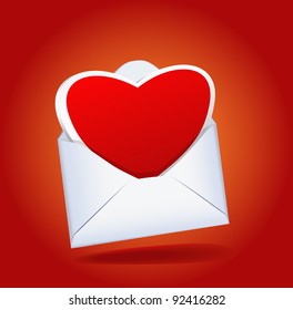 Heart and a mailing envelope on the red background are shown in the image.