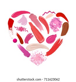 Heart of Makeup set: strokes and smears, lipstick, lip liner, foundation, drops nail polish, loose powder. Cosmetics. Beauty and Fashion Illustration. Vector Illustration.