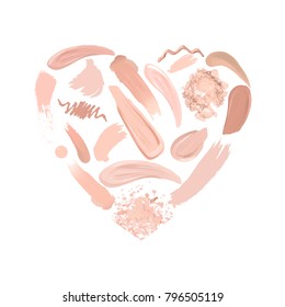 Heart of Makeup set: strokes and smears, lipstick, lip liner, foundation, drops nail polish, loose powder. Cosmetics. Beauty and Fashion Illustration. Vector Illustration.