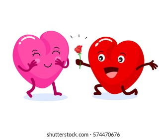 Heart male character kneeling give  rose flower to his  girlfriend. Illustration isolated on white background. Happy valentine's day.