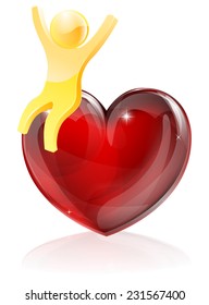 Heart man concept of a happy person with arms raised sitting on a giant heart