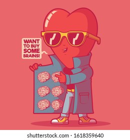 Heart man selling brain vector illustration. Medicine, imagination design concept