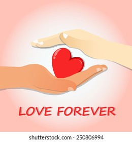 Heart in Man and Woman Hands over pink Background. Love and Relationships Concept.Greetings card,Vector illustration