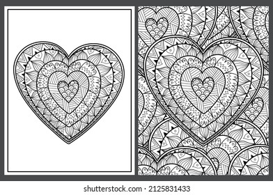 Heart mandala coloring pages set in US Letter format. Black and white love patterns for antistress coloring book. Valentine’s Day card. Vector illustration