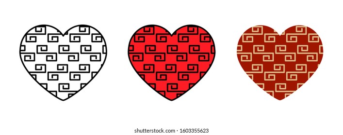 heart mandala with doodle pattern chinese style icon set isolated on white background for web design,Valentine day concept
