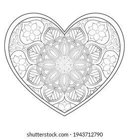 Heart Mandala flower for adult coloring book.