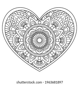 Heart mandala flower for adult coloring book.