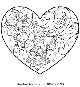 Heart mandala flower for adult coloring book.