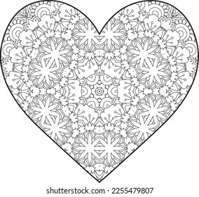 Heart Mandala flower for adult coloring book. Coloring book for adults. Heart. Hand-drawn flower heart for adult anti-stress. Valentine's day greetings. Doodle heart decorative mandala coloring page.