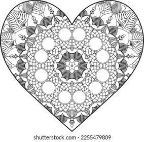 Heart Mandala flower for adult coloring book. Coloring book for adults. Heart. Hand-drawn flower heart for adult anti-stress. Valentine's day greetings. Doodle heart decorative mandala coloring page.