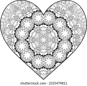 Heart Mandala flower for adult coloring book. Coloring book for adults. Heart. Hand-drawn flower heart for adult anti-stress. Valentine's day greetings. Doodle heart decorative mandala coloring page.