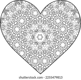 Heart Mandala flower for adult coloring book. Coloring book for adults. Heart. Hand-drawn flower heart for adult anti-stress. Valentine's day greetings. Doodle heart decorative mandala coloring page.