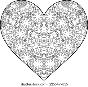 Heart Mandala flower for adult coloring book. Coloring book for adults. Heart. Hand-drawn flower heart for adult anti-stress. Valentine's day greetings. Doodle heart decorative mandala coloring page.