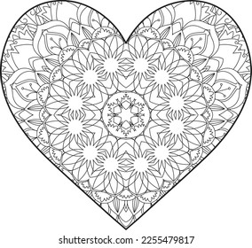 Heart Mandala flower for adult coloring book. Coloring book for adults. Heart. Hand-drawn flower heart for adult anti-stress. Valentine's day greetings. Doodle heart decorative mandala coloring page.