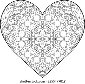 Heart Mandala flower for adult coloring book. Coloring book for adults. Heart. Hand-drawn flower heart for adult anti-stress. Valentine's day greetings. Doodle heart decorative mandala coloring page.