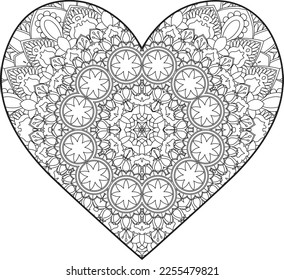 Heart Mandala flower for adult coloring book. Coloring book for adults. Heart. Hand-drawn flower heart for adult anti-stress. Valentine's day greetings. Doodle heart decorative mandala coloring page.