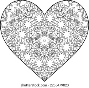 Heart Mandala flower for adult coloring book. Coloring book for adults. Heart. Hand-drawn flower heart for adult anti-stress. Valentine's day greetings. Doodle heart decorative mandala coloring page.