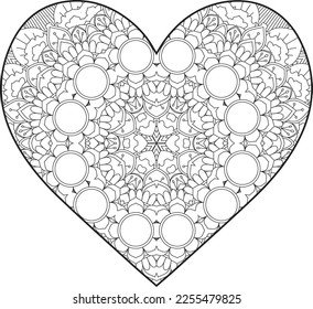 Heart Mandala flower for adult coloring book. Coloring book for adults. Heart. Hand-drawn flower heart for adult anti-stress. Valentine's day greetings. Doodle heart decorative mandala coloring page.