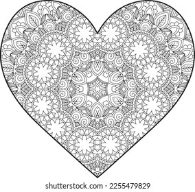 Heart Mandala flower for adult coloring book. Coloring book for adults. Heart. Hand-drawn flower heart for adult anti-stress. Valentine's day greetings. Doodle heart decorative mandala coloring page.