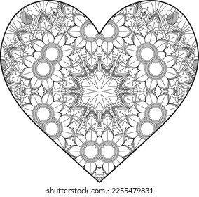 Heart Mandala flower for adult coloring book. Coloring book for adults. Heart. Hand-drawn flower heart for adult anti-stress. Valentine's day greetings. Doodle heart decorative mandala coloring page.