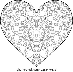 Heart Mandala flower for adult coloring book. Coloring book for adults. Heart. Hand-drawn flower heart for adult anti-stress. Valentine's day greetings. Doodle heart decorative mandala coloring page.