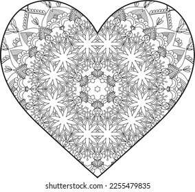 Heart Mandala flower for adult coloring book. Coloring book for adults. Heart. Hand-drawn flower heart for adult anti-stress. Valentine's day greetings. Doodle heart decorative mandala coloring page.