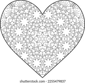 Heart Mandala flower for adult coloring book. Coloring book for adults. Heart. Hand-drawn flower heart for adult anti-stress. Valentine's day greetings. Doodle heart decorative mandala coloring page.