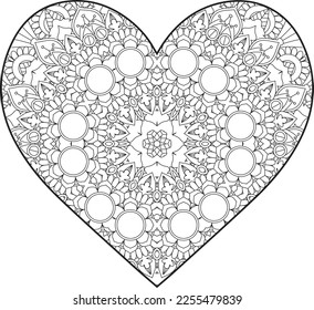 Heart Mandala flower for adult coloring book. Coloring book for adults. Heart. Hand-drawn flower heart for adult anti-stress. Valentine's day greetings. Doodle heart decorative mandala coloring page.