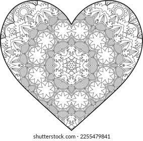 Heart Mandala flower for adult coloring book. Coloring book for adults. Heart. Hand-drawn flower heart for adult anti-stress. Valentine's day greetings. Doodle heart decorative mandala coloring page.